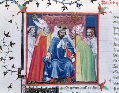 Fr. Fr. 2608 fol.335v Kroning av Philippe III (1245-85), fra Grandes Chroniques de France, ca. 1400 av French School