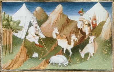 Fr 2810, Karachar-nomader med flokkene sine, miniatyr fra 'Livre des merveilles du monde' (bok om verdens underverker) av Marco Polo og Rustichello, ca. 1410-12 (tempera på vellum) av French School