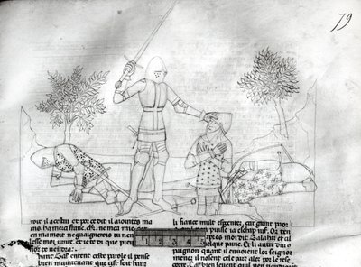 Fr 343 f.79 Bevæpning av en ridder på en slagmark, fra Lancelot du Lac av French School