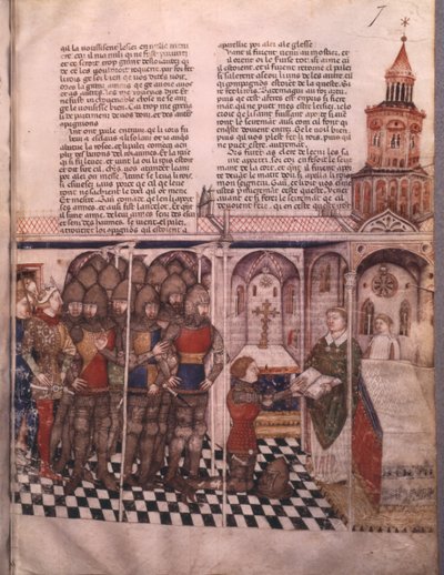 Fr 343 fol. 7 Jakten på den hellige gral og Arthurs død, ridder avlegger ed av French School