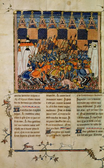 Fr. Fr. 352 fol. 49v Battle scene, fra biografien til Godefroi de Bouillon, A History of Western Saints av French School
