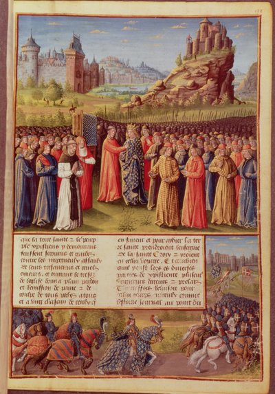 Fr 5594 f.138 Saint Bernard (ca. 1090-1153) av Clairvaux forkynte det andre korstoget i nærvær av kong Louis VII (ca. 1120-80) av Frankrike ved Vezelay i 1146, fra Passages faits Outremer skrevet av French School