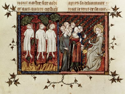 Fr. 5716 fol.246 St. Louis som avsier dom og fordømmer Enguerrand de Coucy (1228-1311) for å ha hengt tre unge adelsmenn, fra Life and Miracles of St. Louis, ca. 1330-40 av French School