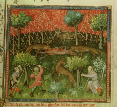 Fr 616 fol.111 Ulvejakt ved hjelp av garn, fra Livre de la Chasse av Gaston Phebus de Foix (1331-91) av French School