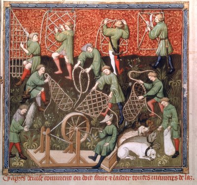 Ms Fr 616 fol.53v Menn med nett, fra Livre de la Chasse av Gaston Phebus de Foix (1331-91) tidlig på 1400-tallet av French School