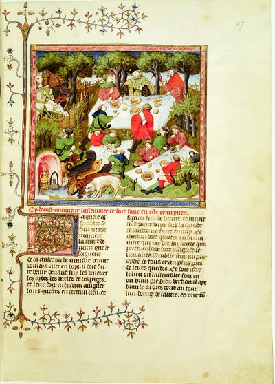 Fr 616 fol.67 Jegere som fester før hjortejakten, fra Livre de la Chasse av Gaston Phebus de Foix (1331-1391) av French School