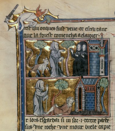 Fr 95 f.4v Eremitt og udyr, fra lHistoire du Saint Graal, ca. 1280-90 av French School