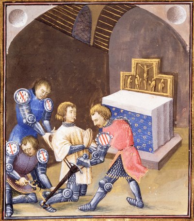Fr 99 f.561 Galahad mottar et sverd og sporer i ridderritualet før han drar til Grail Quest av French School