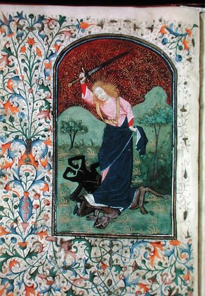 Ms Gen 288 f.84v Wrestling with a beast, c.1460 (vellum) av French School