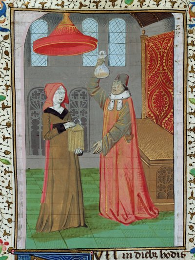Ms H 7 fol.164r En lege som undersøker St. Elizabeths urin for å se om hun er gravid, fra Bibelen til Jean XXII av French School