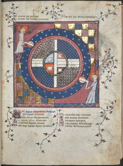 Ms Harley 4940, f.28 To engler som snur universet, illustrasjon fra 'Breviari d'Amors' (vellum) av French School