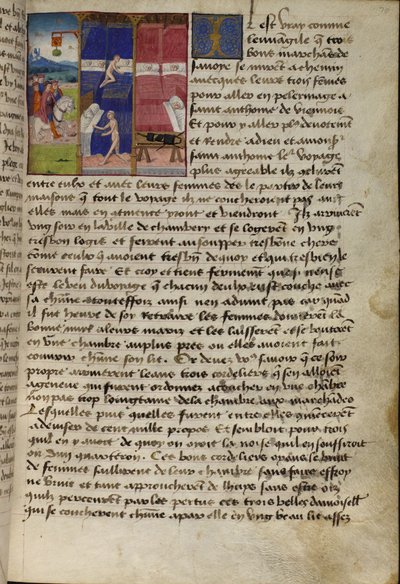 Ms Hunter 252 f.75v Hostel, fra Les Cent Nouvelles Nouvelles, 1462 (for detaljer se 284875) av French School