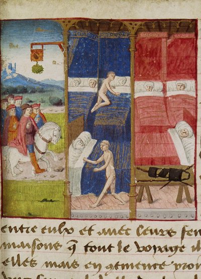 Ms Hunter 252 f.75v Hostel, fra "Les Cent Nouvelles Nouvelles", 1462 av French School