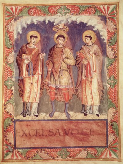 Ms Lat 1141 fol.2v Kroningen av Charles II (823-877) med erkebiskopene av Reims og Treves, fra Sacrementaire de Metz (se også 159999) av French School