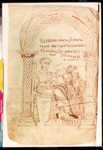 Ms Lat 13396 Fol.1 Isidore tilbyr sitt verk til sin søster Florentina, fra De Catholic Faith fra Det gamle og nye testamente mot jødene av Isidore av Sevilla (ca. 560-636) ca. 800 av French School