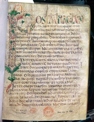 Ms Lat 1598 Fol.1 Zoomorphic historikert initial P, fra et verk av Saint Augustine (354-430) av French School