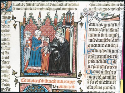 Ms Lat 3893 Fol.98 Foreldre tilbyr en biskop penger for å ta sønnen deres inn i klosteret, 1314 av French School