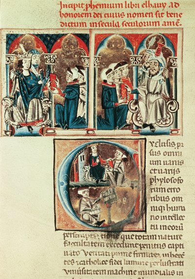 Ms Lat. 6912 fol.1v En jødisk lærd presenterer en oversettelse av en arabisk avhandling til Philippe dAnjou av French School