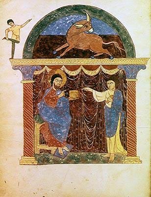 Ms Lat 8878 fol.3v Jesus presenterer evangeliet til St. Lukas, fra en kommentar til apokalypsen av den asturiske munken Beatus av Liebana (ca. 776) ca. 1028-72 (vellum) av French School