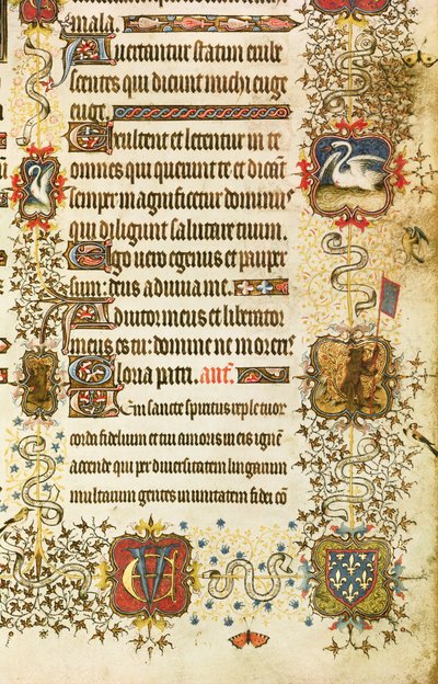 Ms Lat 919 fol.96 Detalj av våpenskjold og dyredekor, fra St. Peter Leading Jean de France (1340-1416) Duke of Berry into Paradise, fra Grandes Heures de Duc de Berry av French School