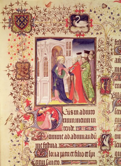 Ms Lat 919 fol.96 Jean de France, Duc de Berry blir ført av St. Peter inn i himmelens porter med en historisk initial `D av St. Peter og Jean de Berry ved bønn, fra Grandes Heures de Duc de av French School
