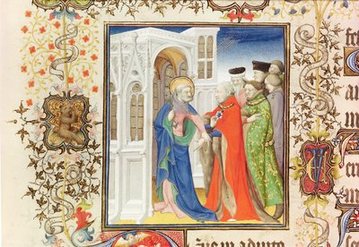 Ms Lat 919 fol.96 St. Peter Leading Jean de France (1340-1416) Duke of Berry into Paradise, fra Grandes Heures de Duc de Berry, 1409 (se også 159985 og 30908) av French School