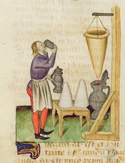 Ms. A Treatise on Herbs av Dioscorides, fol.142r Making Alcohol av French School