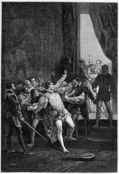 Mordet på David Rizzio (Davide) i nærvær av Mary Stuart (Marie Iere) (1542-1587) - gravering i "The History of England, from the most remote times" av Francois Guizot 1877 av French School