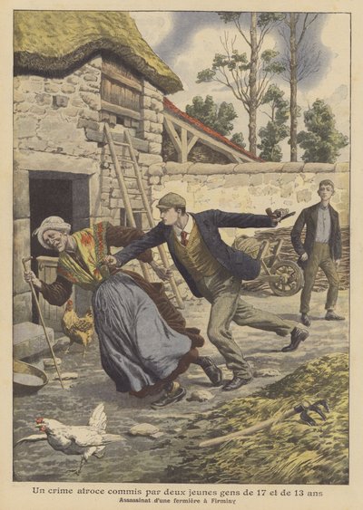 Drap på en bonde av to ungdommer på 17 og 13 år i Firminy, Frankrike (farge litho) av French School