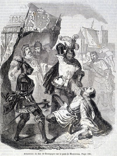 Mordet på hertugen av Burgund (Jean sans peur) på broen av Montereau i 1419 - i "Histoire de France" av L.-P. Anquetil av French School