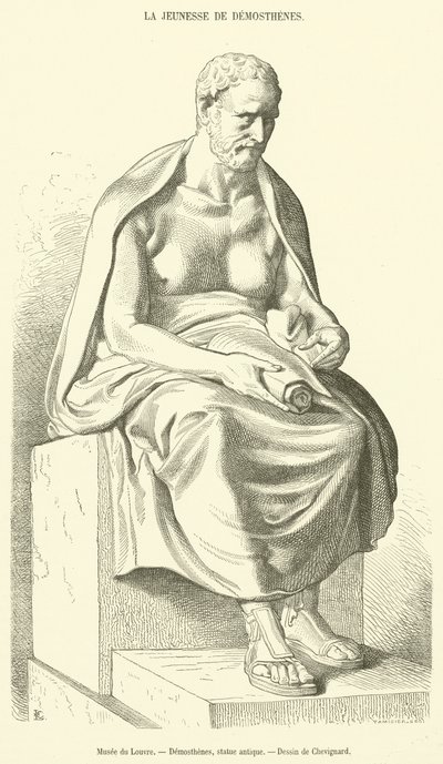 Musee du Louvre, Demosthenes, statue antikk (gravering) av French School