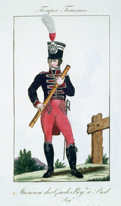 Musiker fra Royal Footguards, fra Troupes Francaises, pub. i Basset, Paris, ca. 1790 av French School
