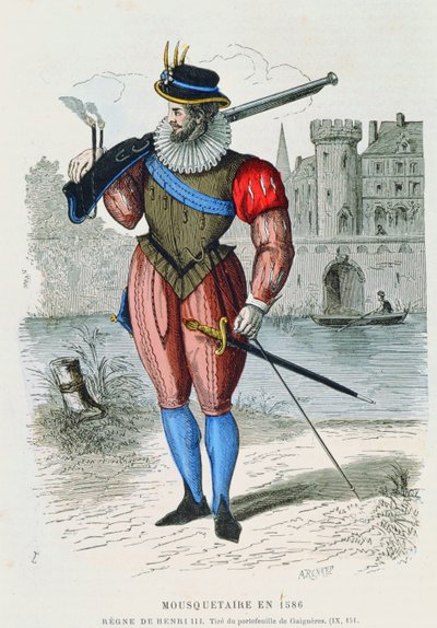 Musketer i 1586, illustrasjon fra Costumes de Paris a travers les siecles av H. Gourdon de Genouillac, gravert av A. Renard (fargegravering) av French School