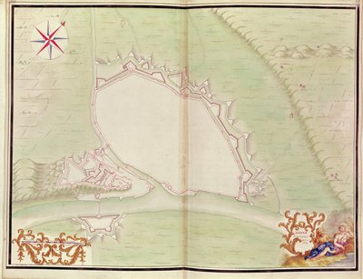Namur, fra Atlas of Louis XIV. Planer over fremmede steder, 1665 (penn, blekk og vask) av French School