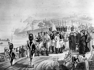 Napoleon (1769-1821) ankommer øya Elba, 1814 av French School