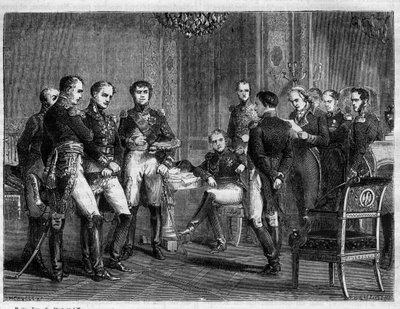 Napoleon Bonaparte - first Abdication of Napoleon in 1814 - Reading in the Presence of Napoleon of a letter from Pierre Riel de Beurnonville to Marechal MacDonald, Duke of Taranto - in “Histoire de l