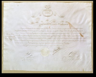 Napoleon Bonapartes (1769-1821) autorisasjon for kjøp av Louisiana av USA, 30. april 1803 (blekk på vellum) av French School