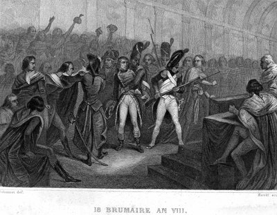 Napoleon Bonapartes statskupp den 18. Brumaire år VIII (1799) i Hall of the Council of Five Cents (Five Cents) (Room of 500) of Saint Cloud - i "" Revolution francaise"" av Thiers. 1800-tallet av French School