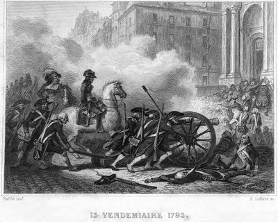 Napoleon Crushing Royalist Rebellion - Napoleon Bonaparte (til hest) kommanderte revolusjonære tropper i gatekamp 13. Vendemiaire (5. oktober) - 13. Vendemiaire 1795 (Royalistisk opprør av 5. oktober 1795): Bonaparte gjenopprettet ordren ved shoo av French School
