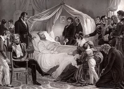 Napoleon I på dødsleiet på St. Helena, 5. mai 1821, etter et maleri av Charles de Steuben av French School