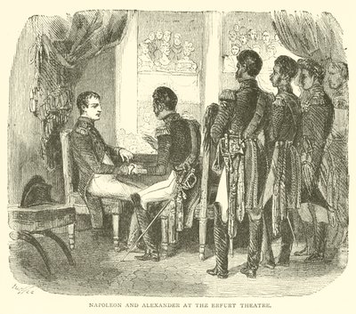 Napoleon og Alexander ved Erfurt Theatre (gravering) av French School