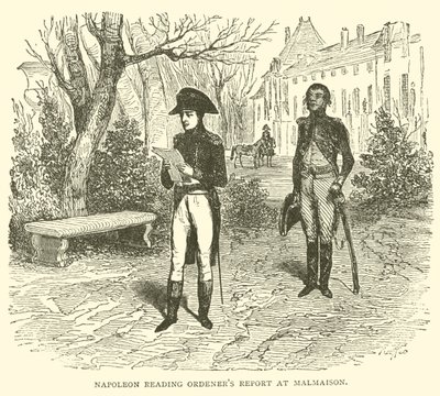 Napoleon leser ordeners rapport ved Malmaison (gravering) av French School