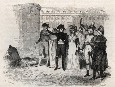 Napoleon går sammen med Madame Tallien, født theresa Cabarrus, prinsesse av Caraman, prinsesse av Caraman Chimay (1773 - 1835) Place Vendome i Paris - gravering i "Les rues de Paris". Gamle og moderne Paris: opprinnelse, historie, monumenter, kos av French School