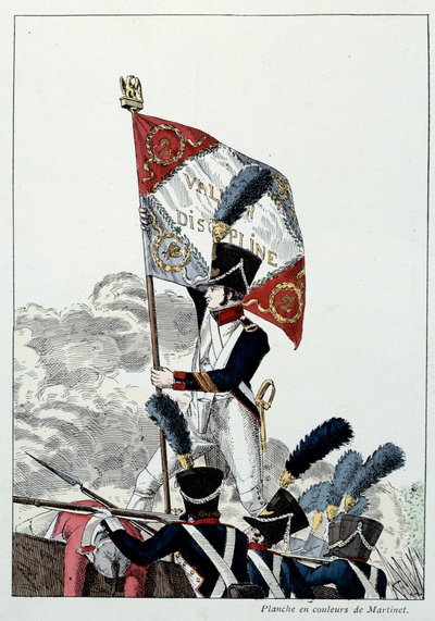 Napoleonic Armee: Line Infantry. Sersjant major plantet ørnen sin på en frykt som ble drastisk utslettet. Gravering av Martinet (1800-tallet) 1808. Malmaison, Musee Du Chateau. av French School