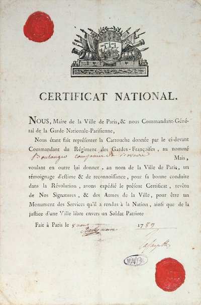 Nasjonalt sertifikat for god oppførsel under den franske revolusjonen, 8. august 1789 i Paris av French School