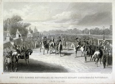 Nasjonalgardens soldater beskytter nasjonalforsamlingen i Paris. Gravering under den franske revolusjonen i 1848 (gravering) av French School