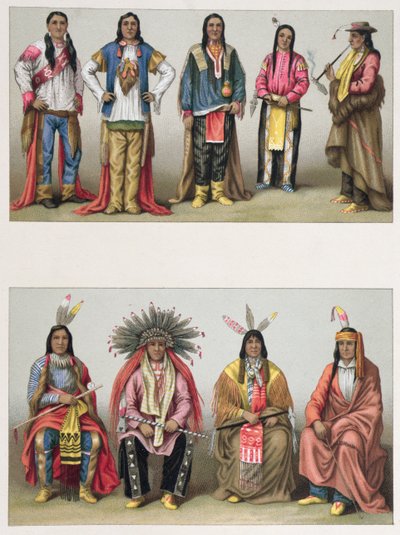 Indianere fra Mississippi-bassenget og fra Colorado, illustrasjon fra Le Costume Historique av A. Racinet, publisert i Paris 1888 av French School