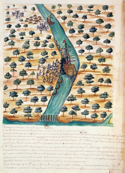 Innfødte angriper franske skip på elven Tavoy, fra en beretning om jesuittene i Siam, 1688 (wc på papir) av French School