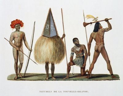 Innfødte i New Ireland, fra reise rundt om i verden, henrettet etter ordre fra Kongen på Hans Majestets Corvette, La Coquille i årene 1822, 1823, 1824 og 1825, av Louis Isidore Duperrey (1786-18) av French School