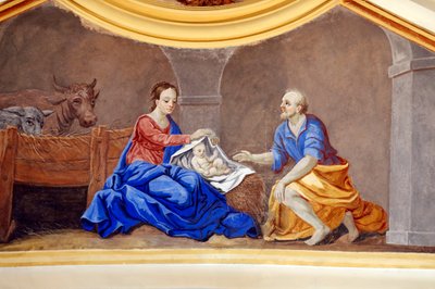 Julekrybbe. Holly Familien. St. Nicolas de Veroce kirke. Maler Frankrike. av French School